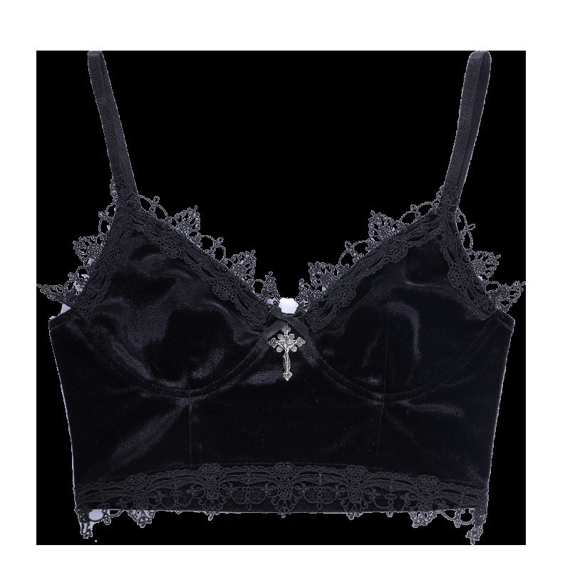 Velvet Mall Goth Crop Tops Black Lace Trim Emo Alternative