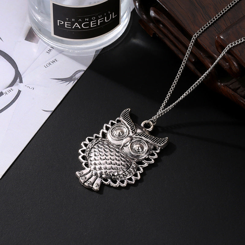 Explosion money decoration personality European and American fashion long hollow necklace retro owl pendant