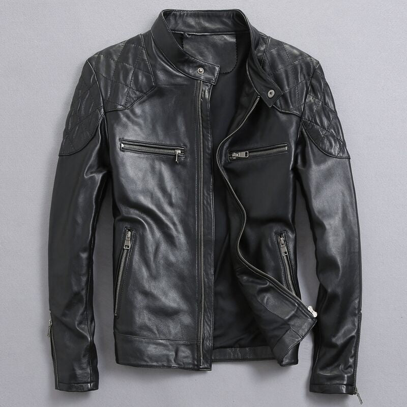 Men's distressed stand collar leather jacket