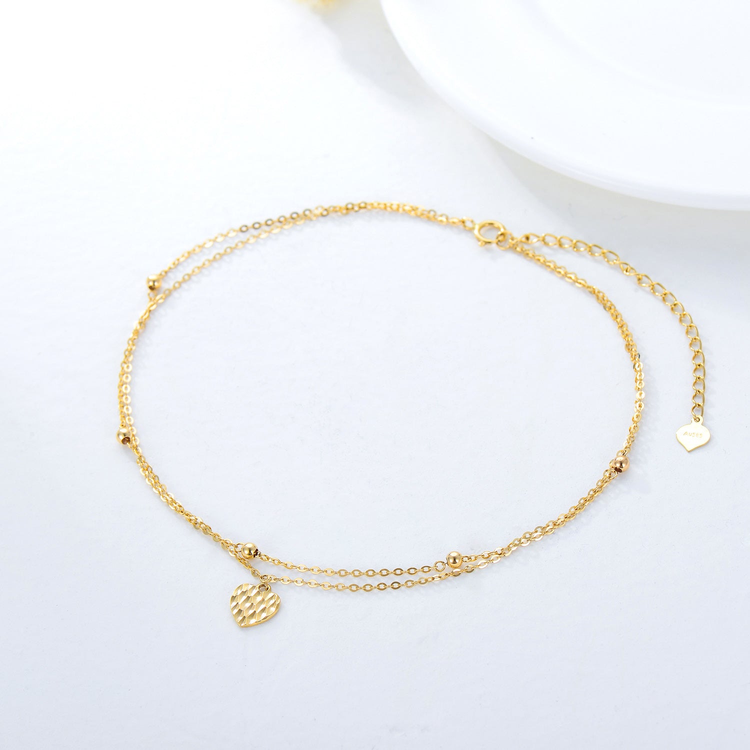 14K Solid Yellow Gold Heart Anklet for Women