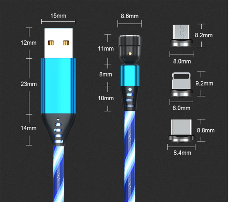 540 Rotate Luminous Magnetic Cable 3A Fast Charging Mobile Phone Charge Cable For LED Micro USB Type C For I Phone Cable