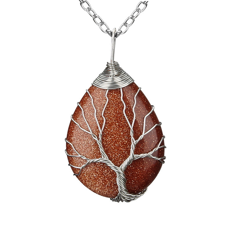 Large Rose Gold Drop Winding Pendant Necklace Natural Stone Pendant Necklace Handmade Life Tree Ornament