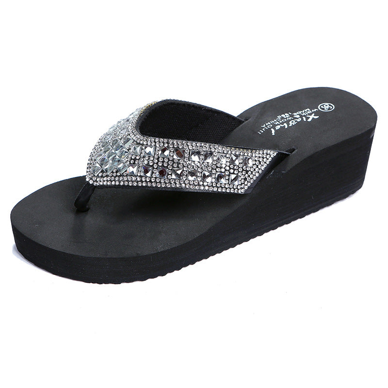 Slippers, Rhinestones Rubber Sole Beach Slope With Flip-flops