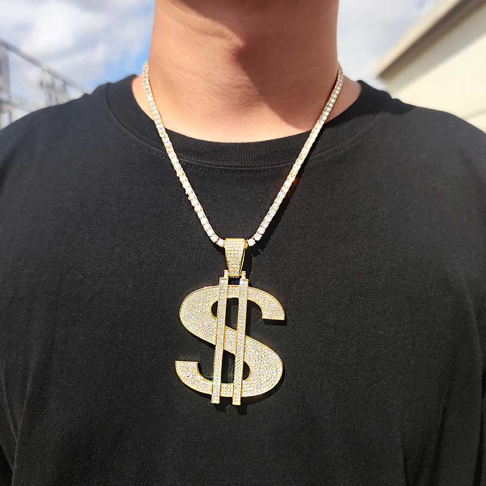 Hip-hop Domineering Large Dollar Pendant Necklace Copper Inlaid Zircon