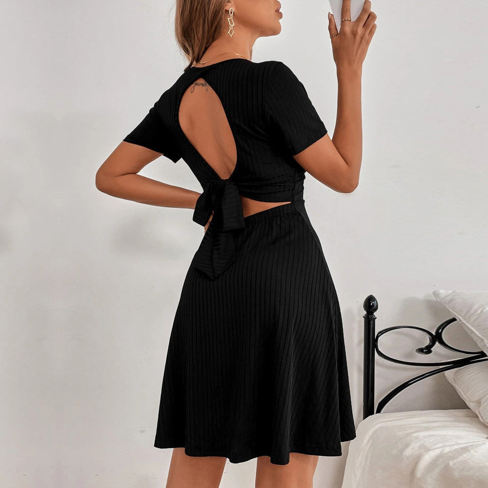 Women's Backless Strappy V Neck Ruffle Skirt