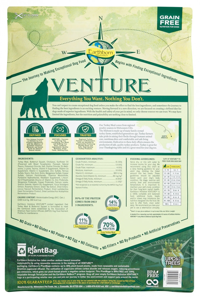 Earthborn Holistic Venture Limited Ingredient Grain Free Turkey Meal and Pumpkin Dry Dog Food