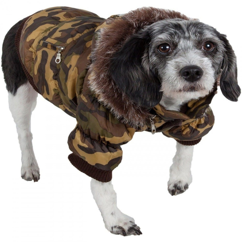 Pet Life Metallic Camouflage Fashion Parka Insulated Dog Coat with Removable Hood