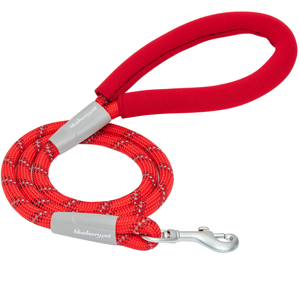 Blueberry Pet Durable Diagonal Striped Rope Leash in Red with Comfy Neoprene Handle