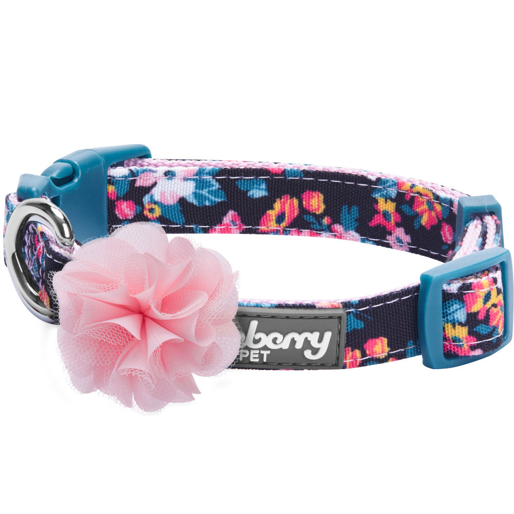 Blueberry Pet Made Well Elegant Floral Print Dog Collar in Sleek Black with Detachable Pink Flower Accessory
