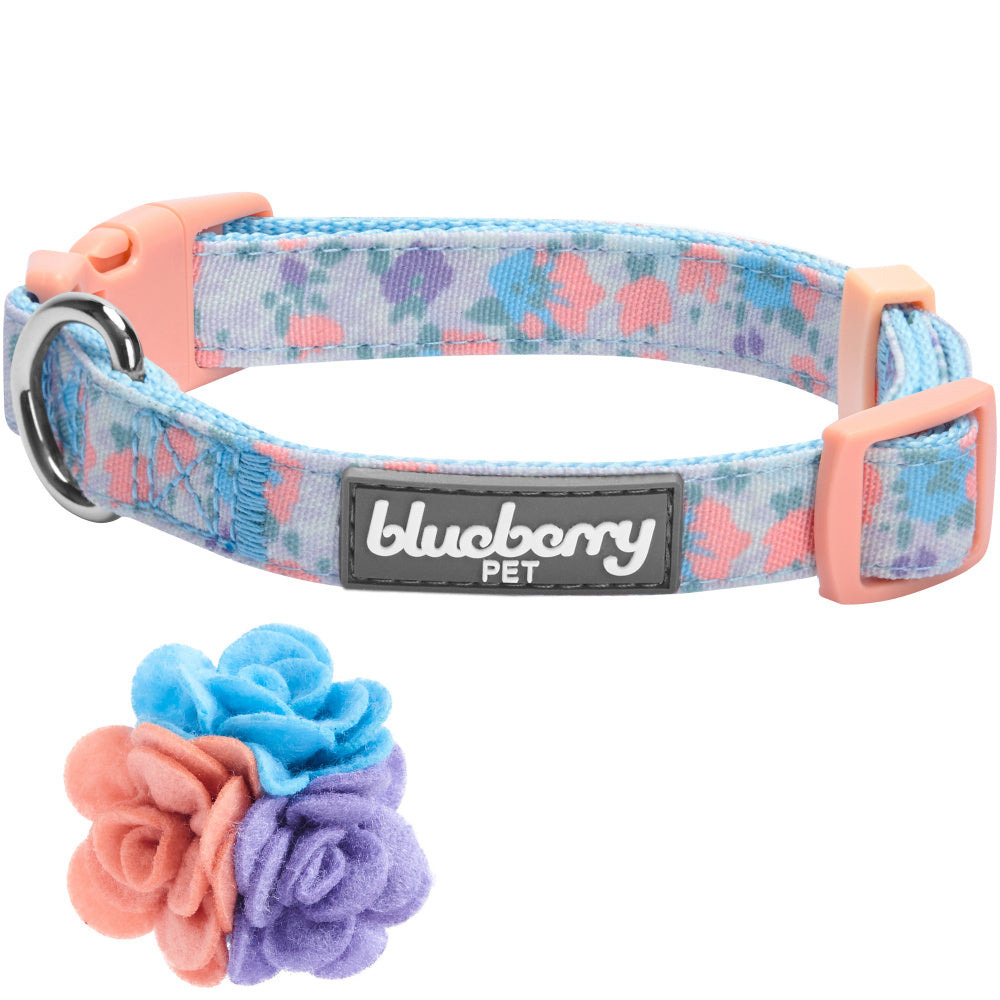 Blueberry Pet Made Well Lovely Floral Print Dog Collar in Lavender with Detachable Flower Accessory