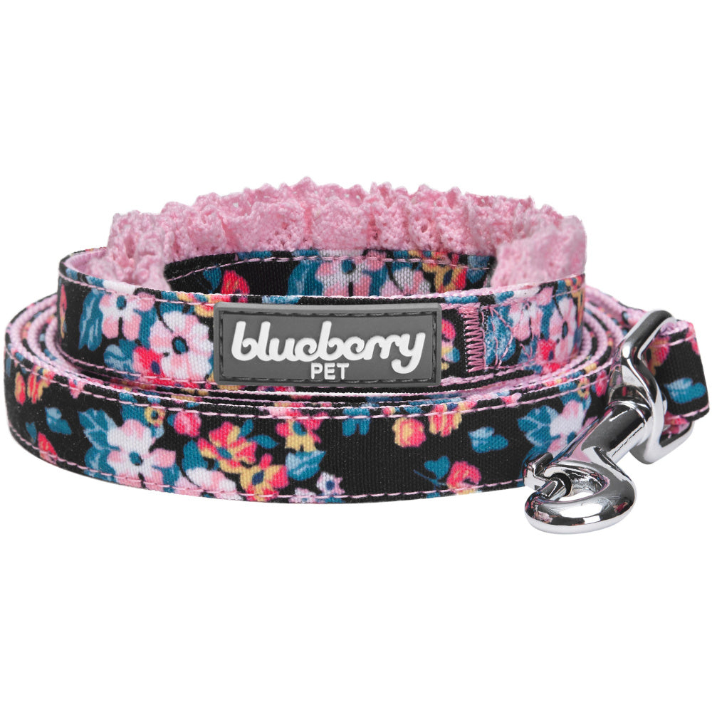 Blueberry Pet Durable Elegant Floral Print Dog Leash with Lace in Sleek Black