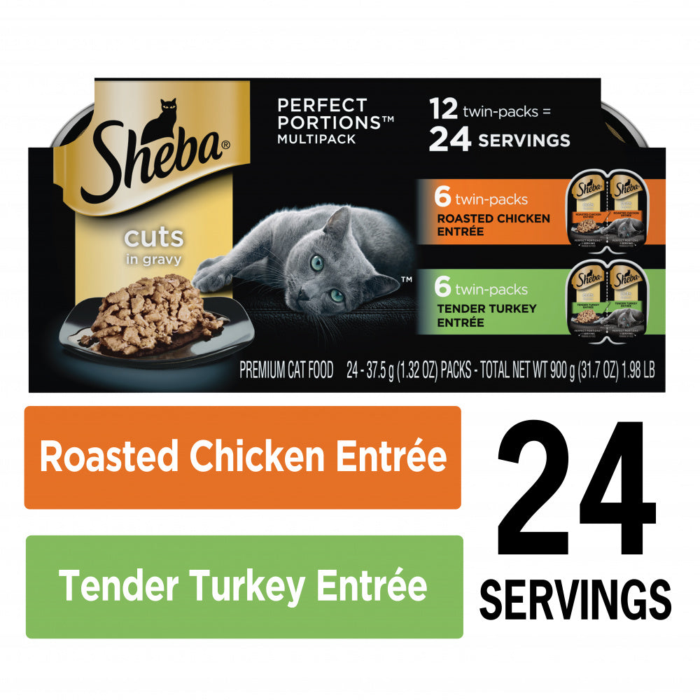 Sheba Cuts In Gravy Roasted Chicken Entre & Tender Turkey Entre Multipack Perfect Portions Twinpack Wet Cat Food