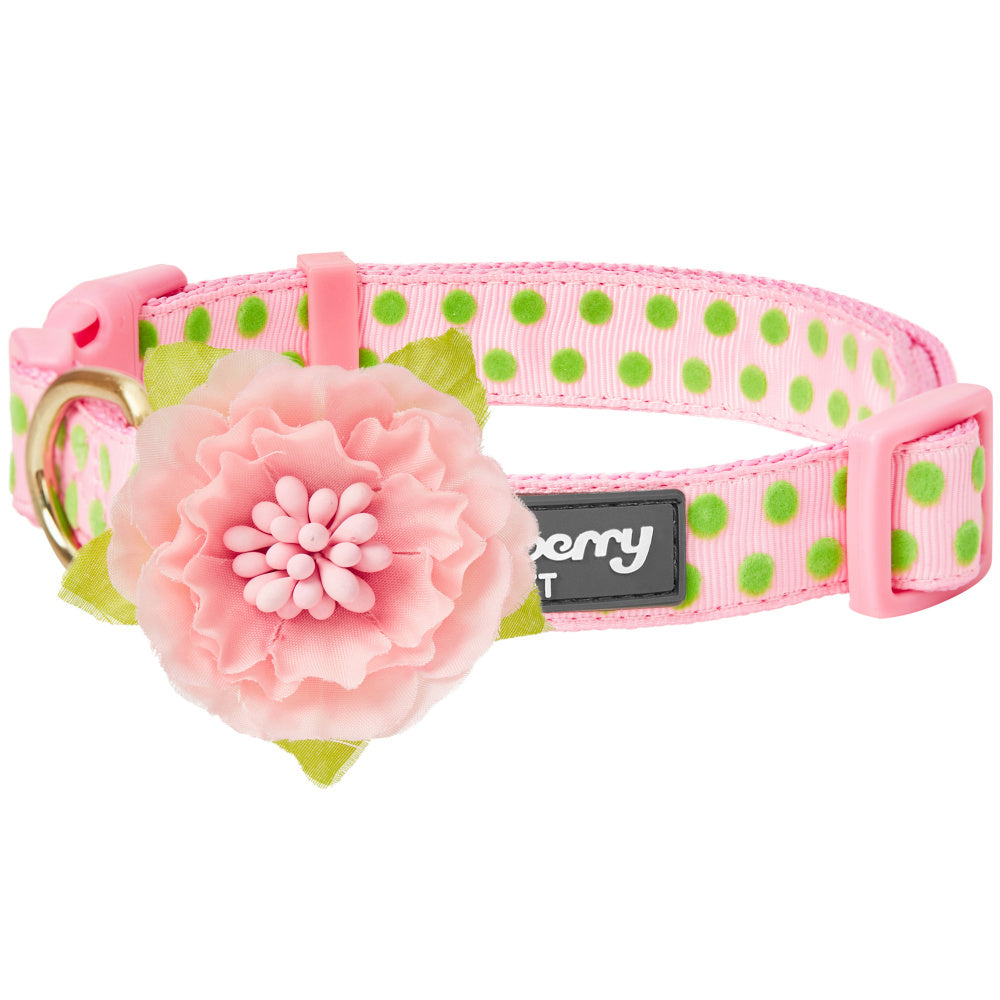 Blueberry Pet Polka Dot Flocking Baby Pink Dog Collar Baby Pink with Detachable Velvety Flower