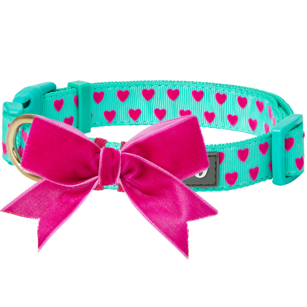 Blueberry Pet Heart Flocking Minty Green Dog Collar with Detachable Velvety Bowtie