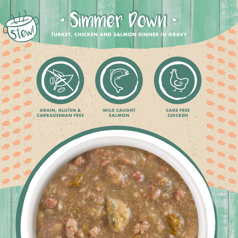 Weruva Classic Cat Stews! Simmer Down with Turkey Chicken & Salmon in Gravy Canned Cat Food