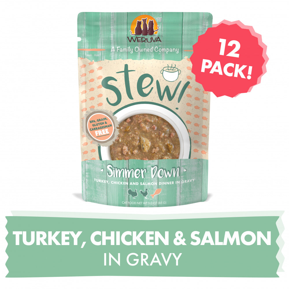 Weruva Classic Cat Stews! Simmer Down with Turkey Chicken & Salmon in Gravy Canned Cat Food