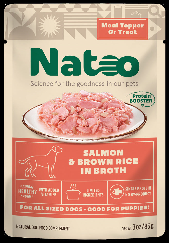 Natoo Wet Meal Topper for dog Salmon and brown rice recipe in broth