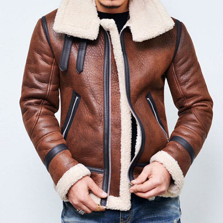 Men's Jacket Winter Highneck Warm Fur Liner Lapel Leather Zipper