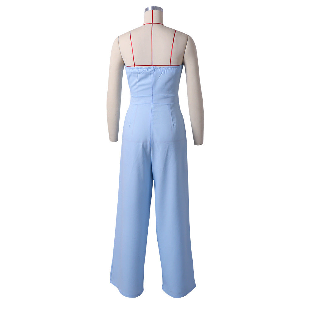 One-piece collar exposed navel strap jumpsuit