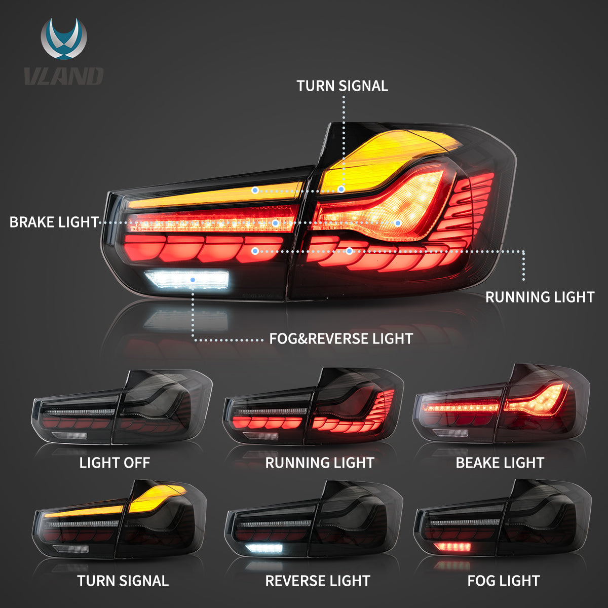 12-18 BMW 3-SERIES F30 F35 F80 6th Gen Sedan VLAND OLED Taillight With Sequential Turn Indicators
