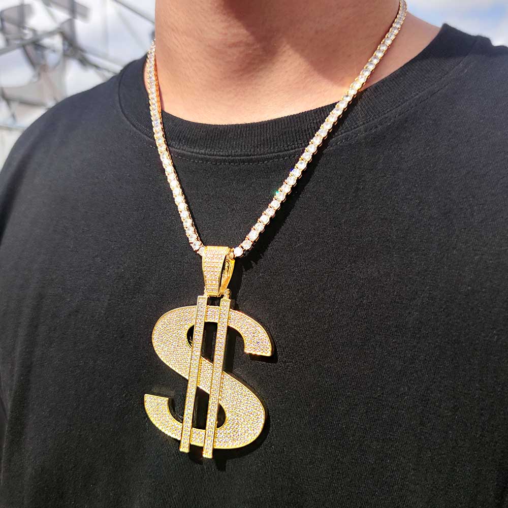 Hip-hop Domineering Large Dollar Pendant Necklace Copper Inlaid Zircon