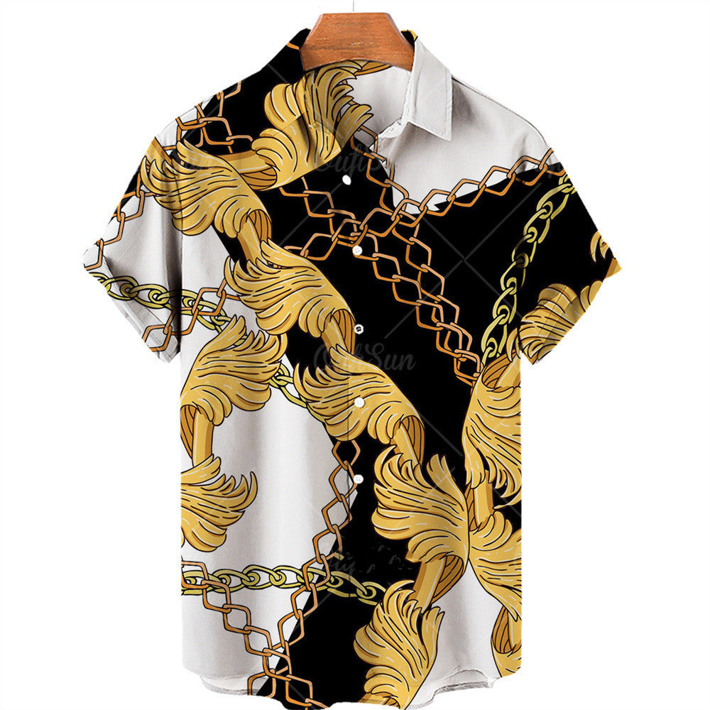 3D Digital Big Gold Chain Short Sleeve Shirt For Men