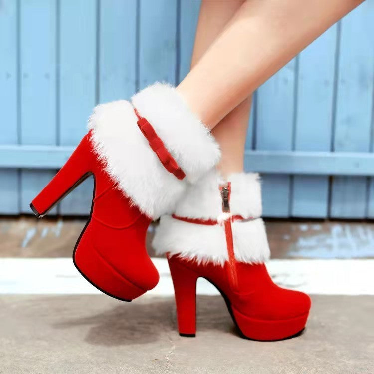 Plush Winter Boots Christmas Shoes High Heel Party Shoes