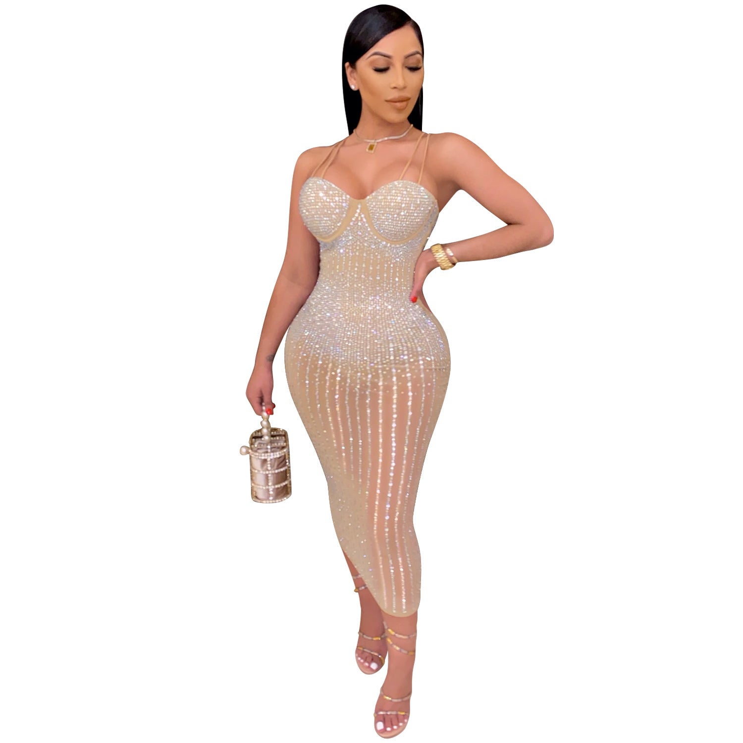 Women's Party Nightclub Mesh Perspective Hot And Diamond Sling Dress