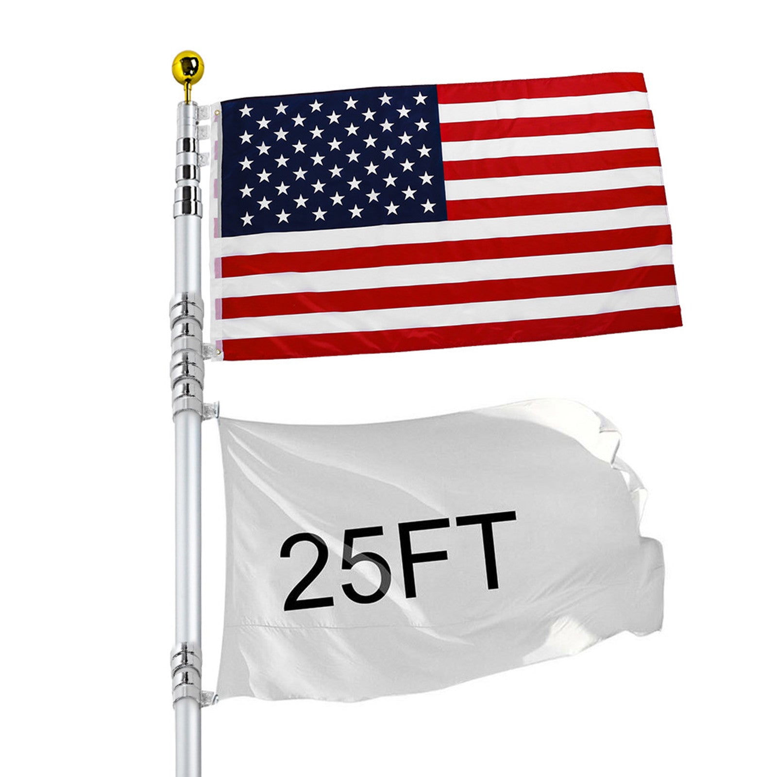 25ft Flag Pole Telescopic Aluminum Flagpole Kit US Flag Ball 2 Flag Halyard Fly