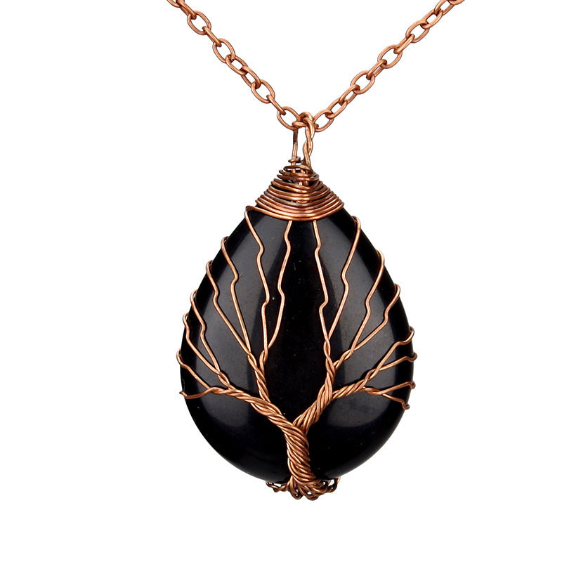 Large Rose Gold Drop Winding Pendant Necklace Natural Stone Pendant Necklace Handmade Life Tree Ornament