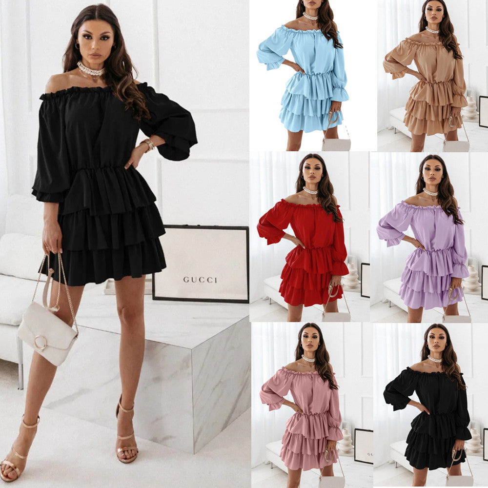 Fall Solid Color One-line Neck Strapless Irregular Dress Women's Clothing