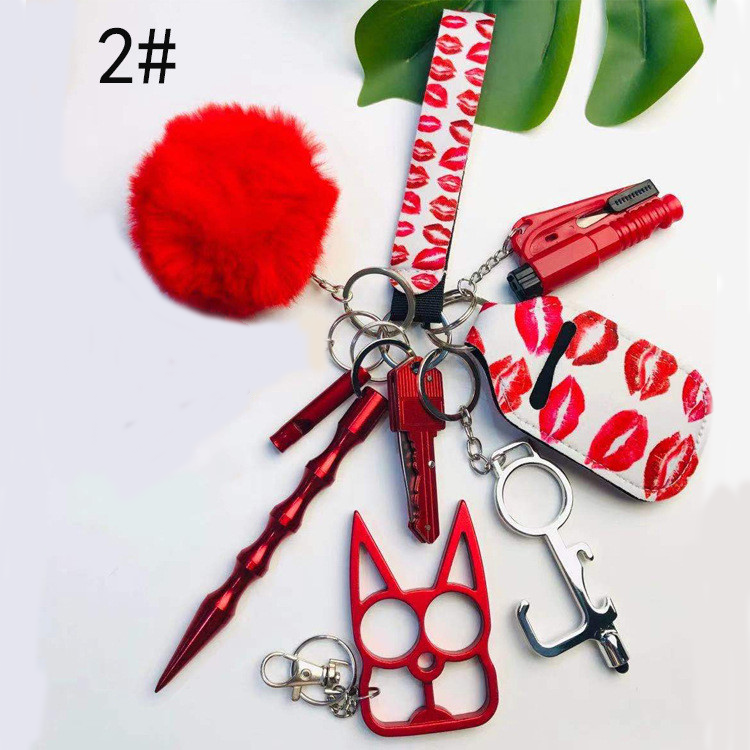 Self Defense Keychain Suit Personal Keychain For Girls Women Safety Key Ring With Hand Sanitizer Bottle Holder Pompom Whistle