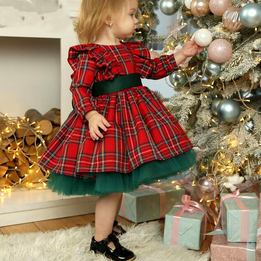 Girls Kids Red Checkered Bow Christmas Dress