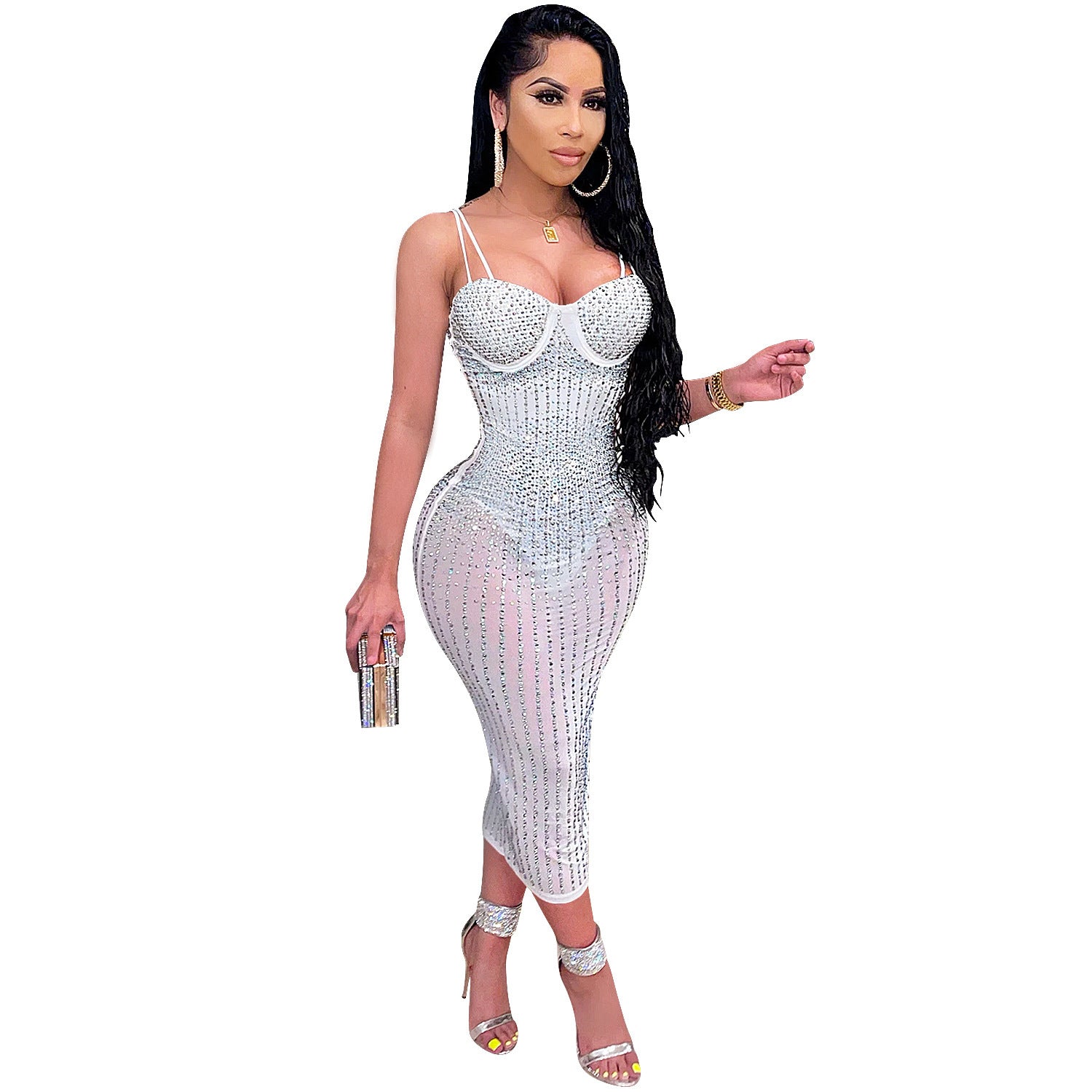 Women's Party Nightclub Mesh Perspective Hot And Diamond Sling Dress