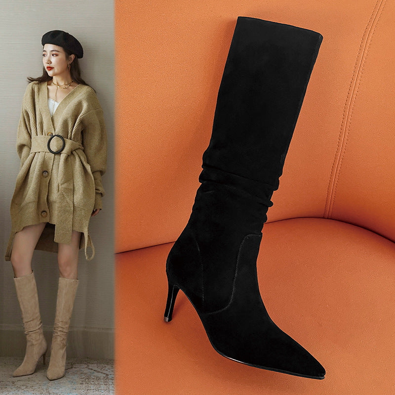 High Heel Pleated High Boots Knee-length Fashion Boots