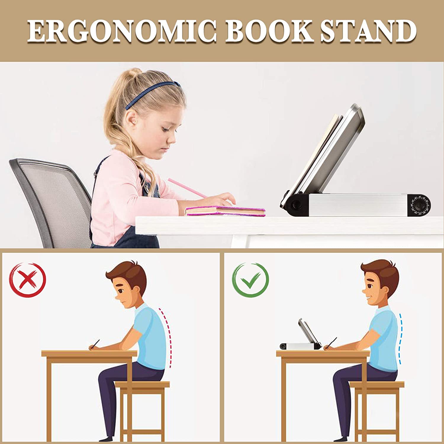 Book Stand, Book Holder Adjustable Height & Angle Ergonomic with Page Paper Clips for Reading Big Heavy Textbooks Music Books Tablet Cook Recipe Hands Free ,White,Amazon Banned