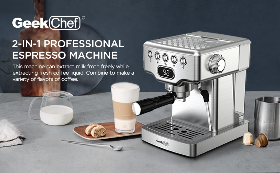 Geek Chef Espresso Machine, 20 Bar Espresso Machine With Milk Frother For Latte, Cappuccino, Macchiato, For Home Espresso Maker, 1.8L Water Tank, Stainless Steel, Ban On Amazon