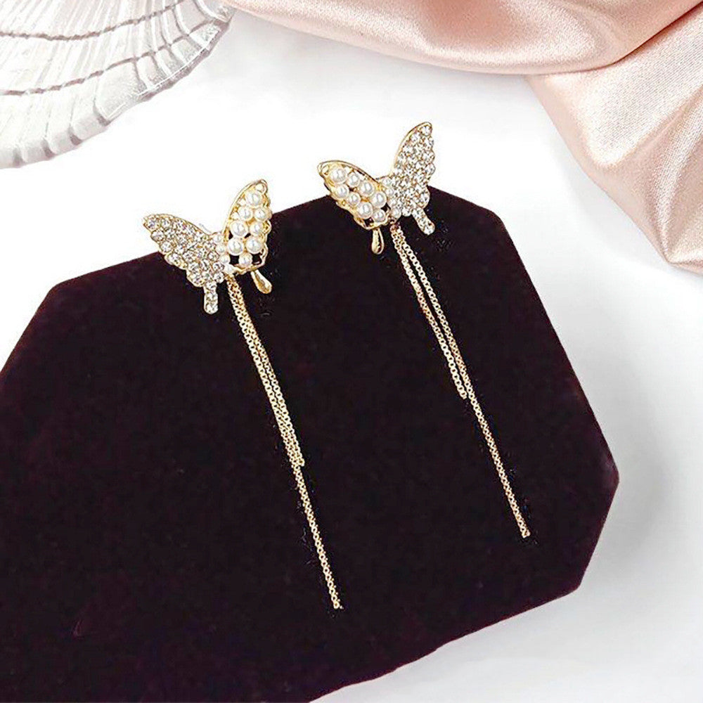 Korean Fashion Diamond Pearl Butterfly Earrings Long Tassel